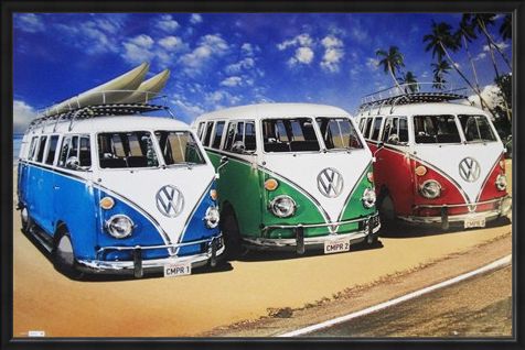 Framed Framed Camper Van Trio On The Shoreline - Volkswagens On The Beach