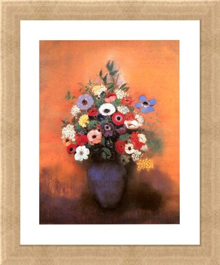 Framed Framed Anemones and Lilac in a Blue Vase - Odilon Redon