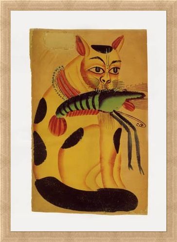 Framed Framed Cat with Prawn - Indian Popular Painting from Kalighat