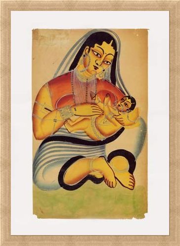 Framed Framed Mother and Child - Indian Popular Painting From Kalighat