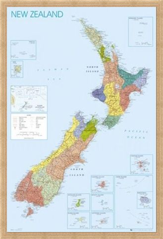 Framed Framed Map of New Zealand - Detailed Geographical