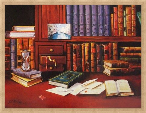 Framed Framed Library with Hourglass - G de Simoni