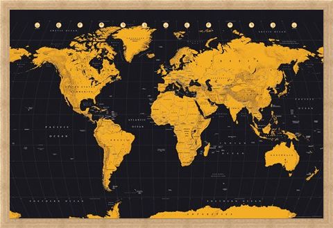 Framed Framed Black And Gold - World Map