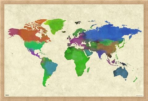 Framed Framed Colourful Continents - World Map Watercolor