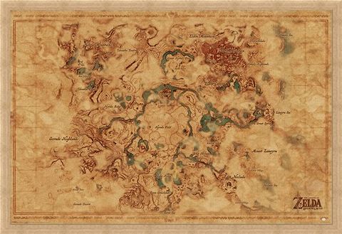 Framed Framed Breath Of The Wild Hyrule World Map - The Legend Of Zelda