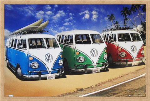 Framed Framed Camper Van Trio On The Shoreline - Volkswagens On The Beach