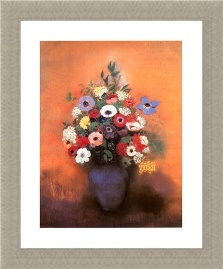 Framed Framed Anemones and Lilac in a Blue Vase - Odilon Redon