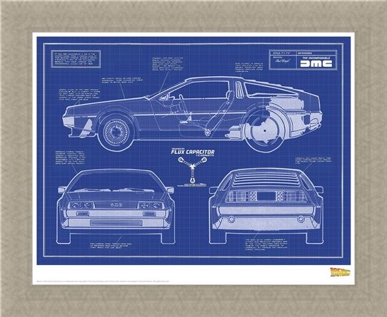 Framed Framed Delorean Blueprint - Back To The Future