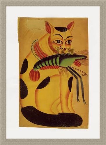 Framed Framed Cat with Prawn - Indian Popular Painting from Kalighat