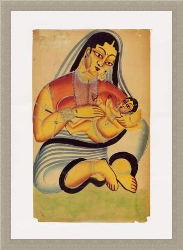 Framed Framed Mother and Child - Indian Popular Painting From Kalighat