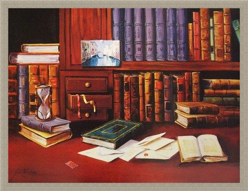 Framed Framed Library with Hourglass - G de Simoni