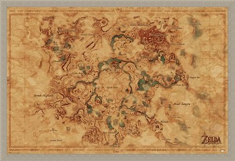 Framed Framed Breath Of The Wild Hyrule World Map - The Legend Of Zelda
