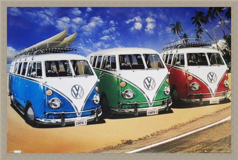 Framed Framed Camper Van Trio On The Shoreline - Volkswagens On The Beach