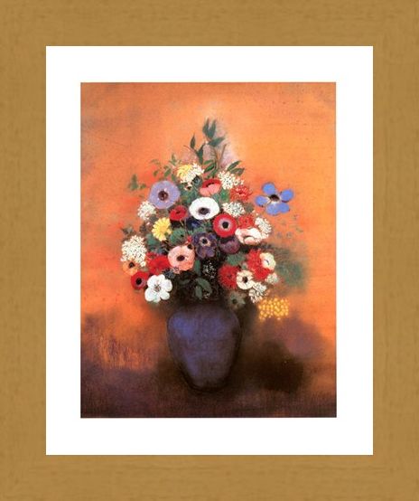 Framed Framed Anemones and Lilac in a Blue Vase - Odilon Redon