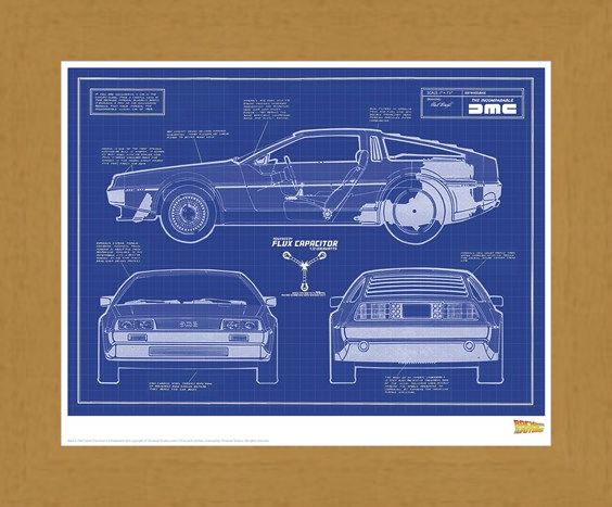 Framed Framed Delorean Blueprint - Back To The Future