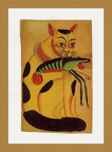 Framed Framed Cat with Prawn - Indian Popular Painting from Kalighat