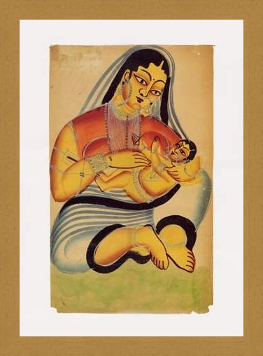 Framed Framed Mother and Child - Indian Popular Painting From Kalighat