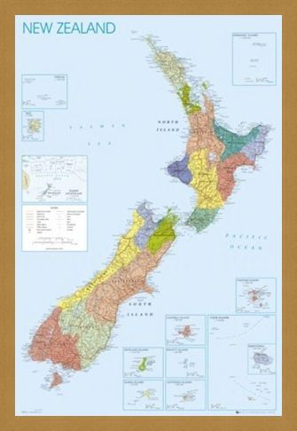Framed Framed Map of New Zealand - Detailed Geographical