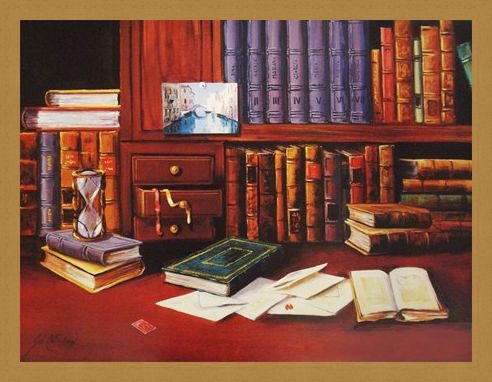 Framed Framed Library with Hourglass - G de Simoni