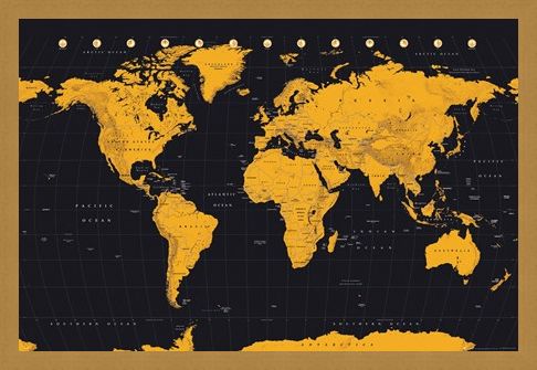 Framed Framed Black And Gold - World Map