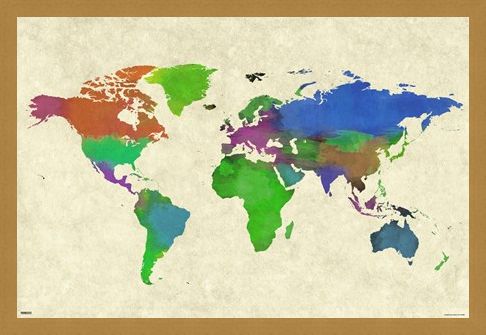 Framed Framed Colourful Continents - World Map Watercolor