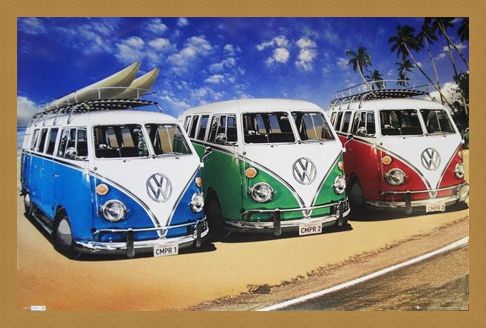 Framed Framed Camper Van Trio On The Shoreline - Volkswagens On The Beach