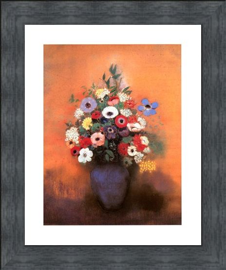 Framed Framed Anemones and Lilac in a Blue Vase - Odilon Redon