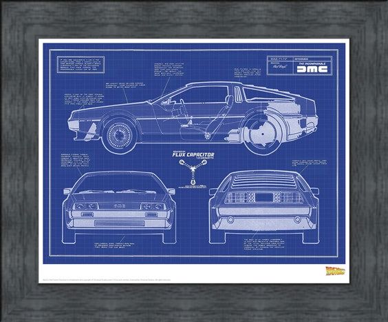Framed Framed Delorean Blueprint - Back To The Future