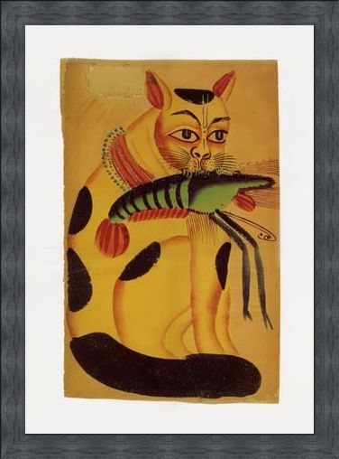 Framed Framed Cat with Prawn - Indian Popular Painting from Kalighat