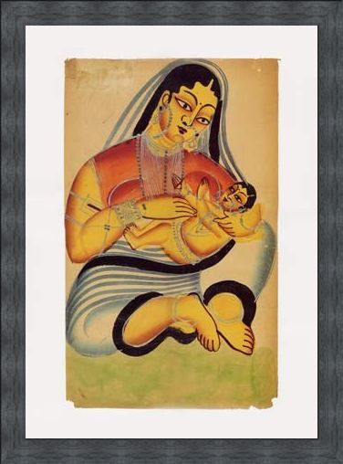 Framed Framed Mother and Child - Indian Popular Painting From Kalighat