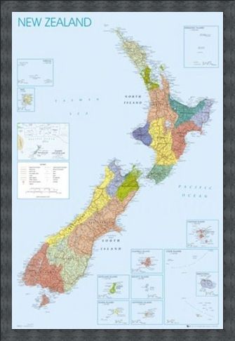 Framed Framed Map of New Zealand - Detailed Geographical