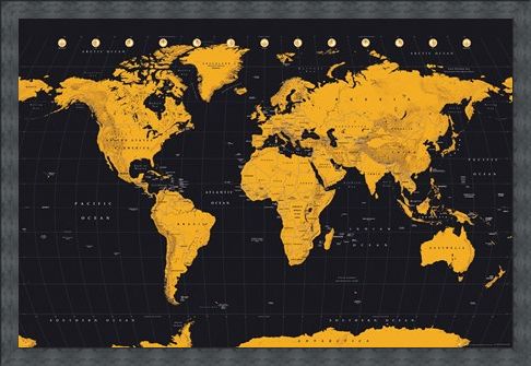 Framed Framed Black And Gold - World Map