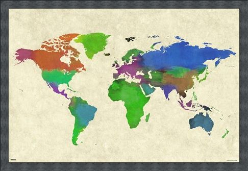 Framed Framed Colourful Continents - World Map Watercolor