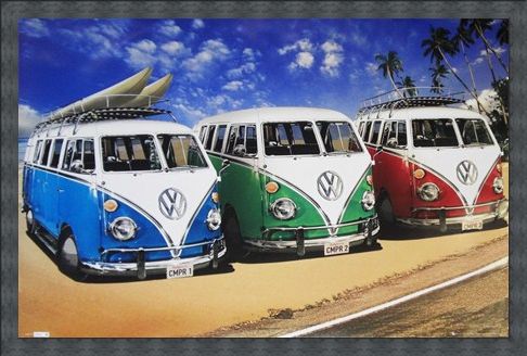 Framed Framed Camper Van Trio On The Shoreline - Volkswagens On The Beach