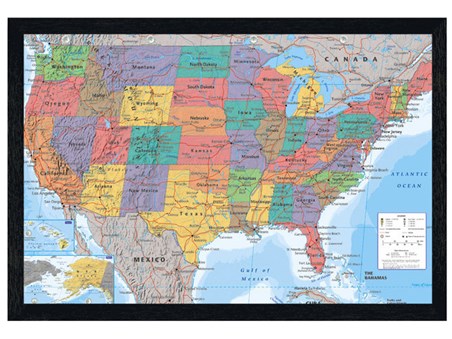 Black Wooden Framed Map, USA