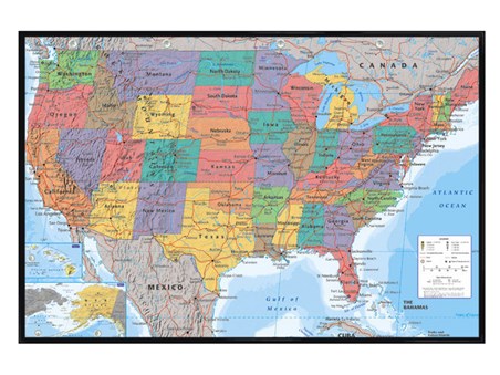 Gloss Black Framed Map Of The USA, Educational Map