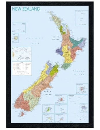 Black Wooden Framed Map of New Zealand, Te Ika-a-Māui and Te Waipounamu