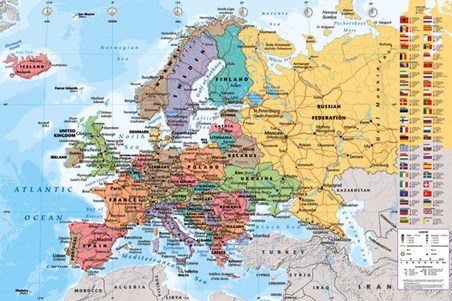 European Map With Flags, Countries in Colour