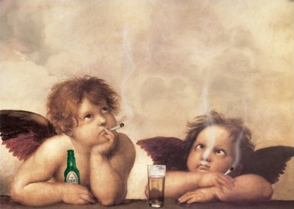 Raphael´s Cherubs with Cigs & Beer - Sistine Madonna - Apologies to Raphael